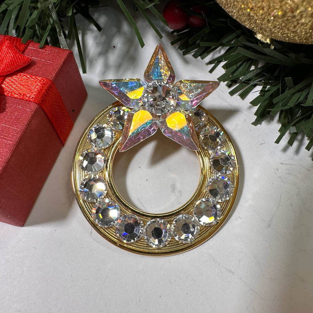 Vintage Christmas AB Rhinestones Wreath with Star Brooch 2" x 1.5"